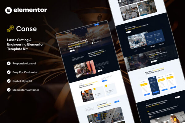 Conse - Kit de modelos Elementor para serviços industriais e de corte a laser